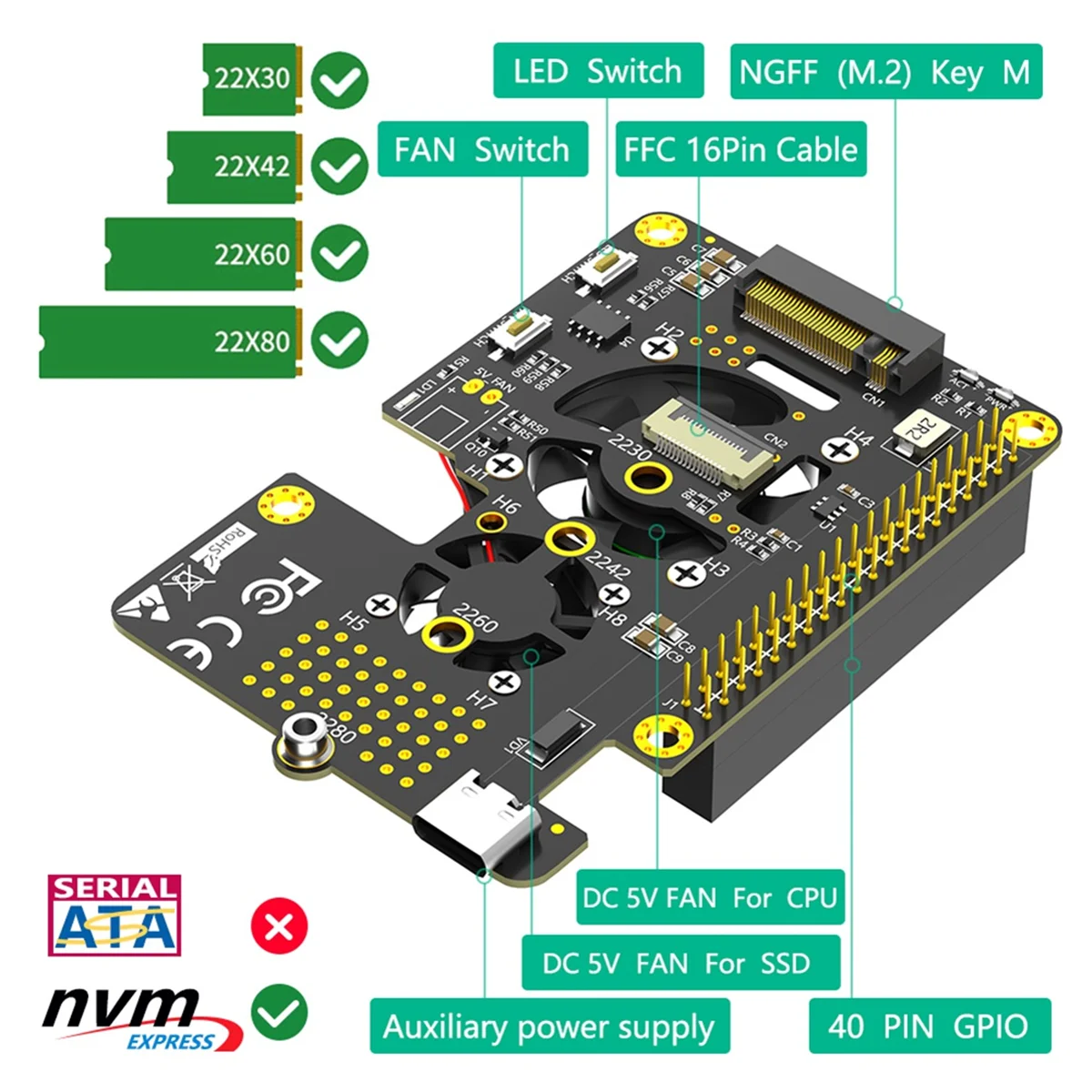 SuperDeals 3 in 1 M.2 NVMe SSD to PCIe Adapter with Dual Cooler Fans and Automatic Discoloration LED for Raspberry Pi 5