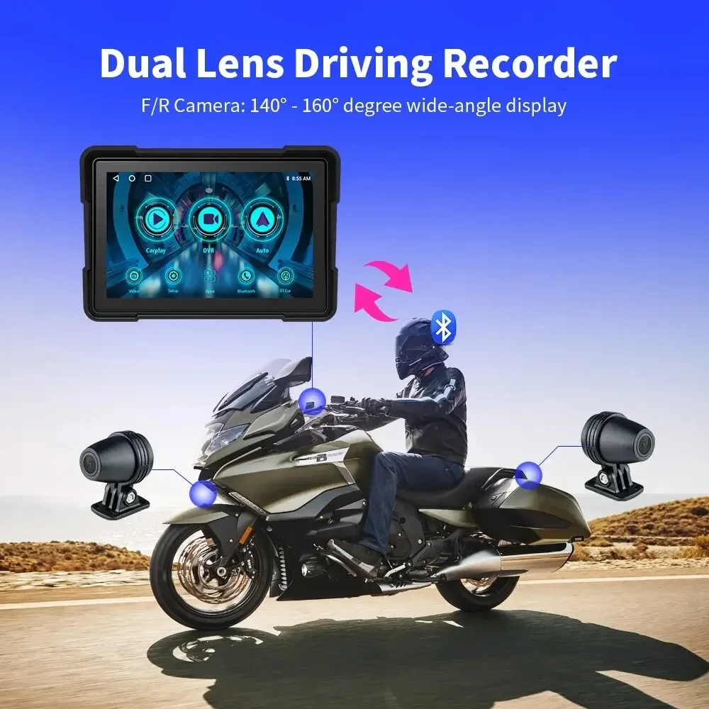 5 inch Motorcycles Navigation GPS DVR Wireless CarPlay Android Auto Portable Smart Display IPX7 Waterproof HD Recording Camera