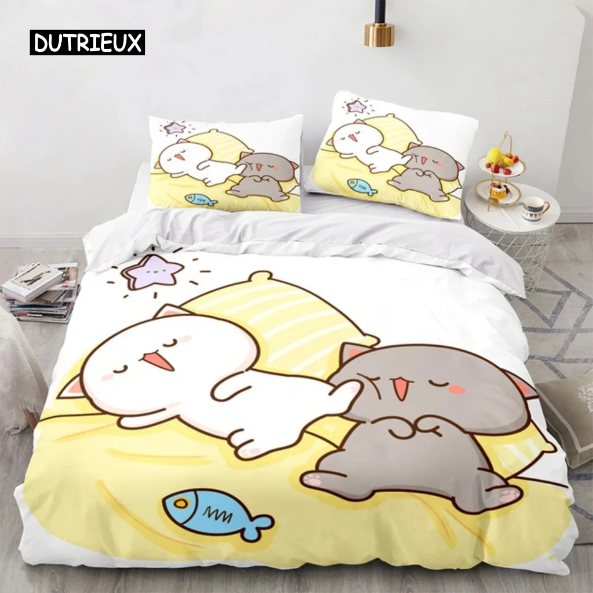 Peach Cat Bedding Cover Set Goma Cute Cartoon Cats Duvet Cover Infantil Bedclothes Queen King Size for Children Girl Room Decor