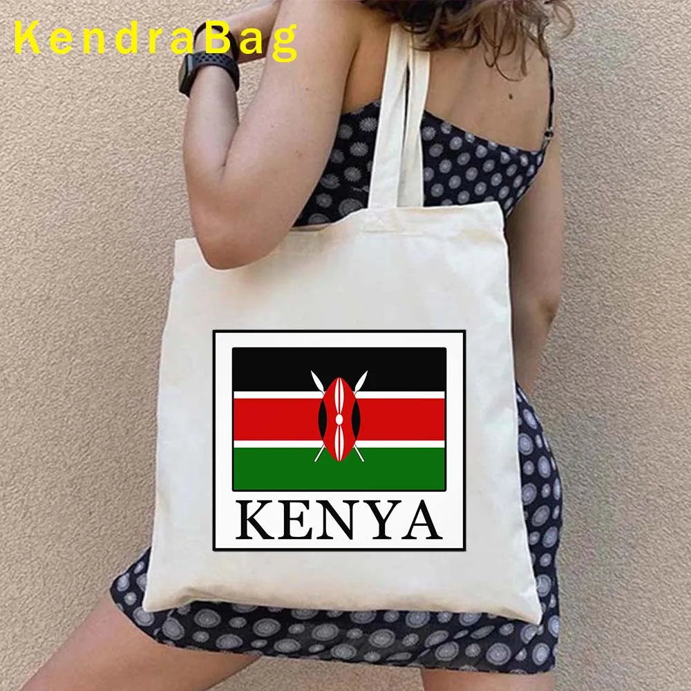 Kenya Coat of Arms Flag Map Retro Giraffe Kenya Landscape Kenyan Girl Love Heart Canvas Shoulder Tote Bag Shopper Cotton Handbag