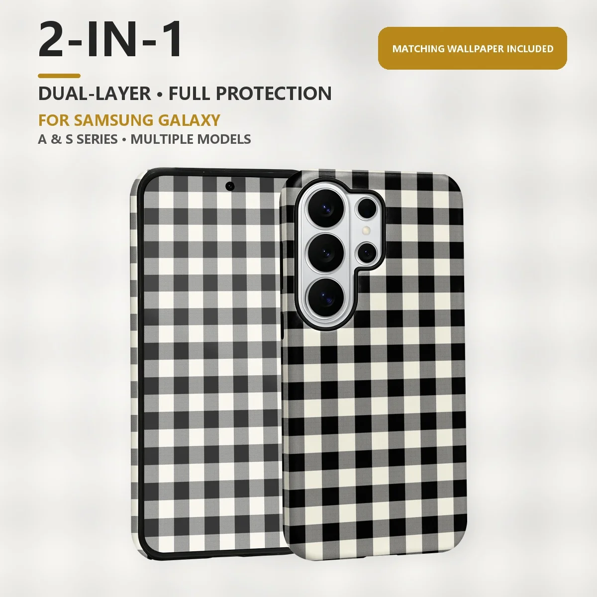Black And White Checkered 2-in-1 Dual-Layer Phone Case for Samsung Galaxy S26 S25 S24 Plus Ultra FE S20 FE A56 A17 A16 A15