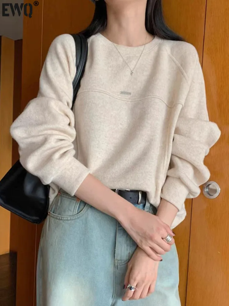 

[EWQ] Vintage Simple Long Sleeve O-neck Solid Female Sweatshirt Loose All-match Casual Women Top 2024 Autumn New Fashion 16O1870