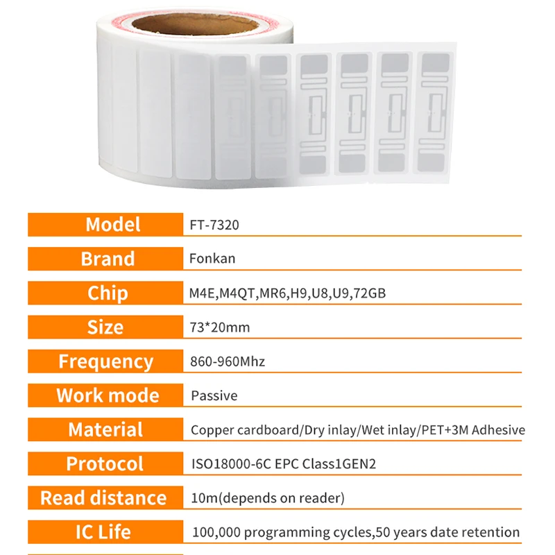 10M Read Range UHF Tag 73*20mm Passive RFID Self-adhesive Label UHF RFID Tags for Inventory Management