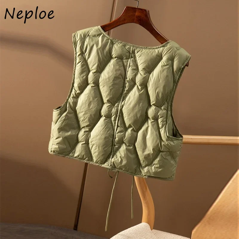 Neploe Cropped Women\'s Waistcoat Fashion Drawstring Solid Color Cotton Waistcoats Sleeveless Outerwear Winter Vest Jacket Female