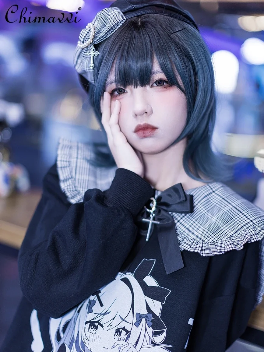 Original Japanese Mine Sweatshirts Cotton Subculture Two-dimensional Black and White Plaid Doll Collar Long-sleeved Pullover Top