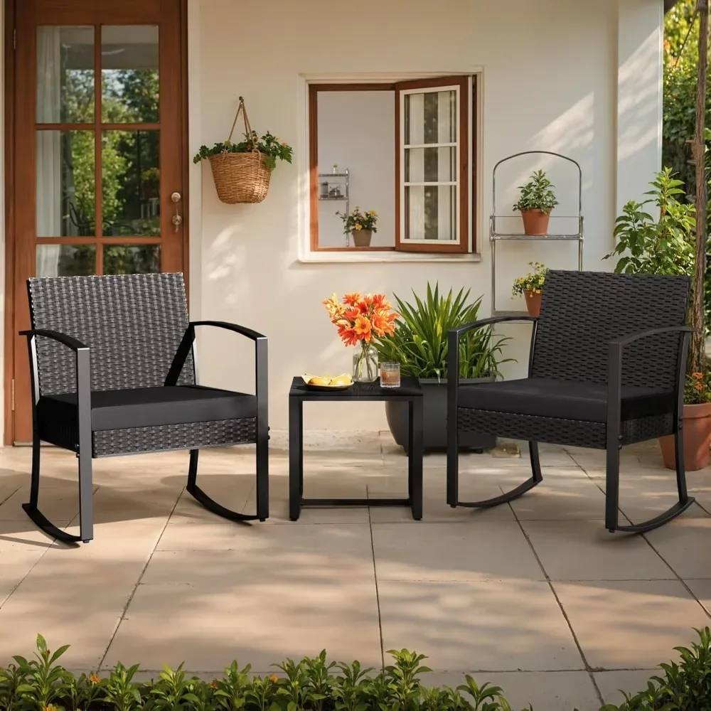 

3 Pieces Outdoor Furniture Set Patio Bistro Rocking Chairs with Glass Coffee Table for Pool Beach, garden furniture set