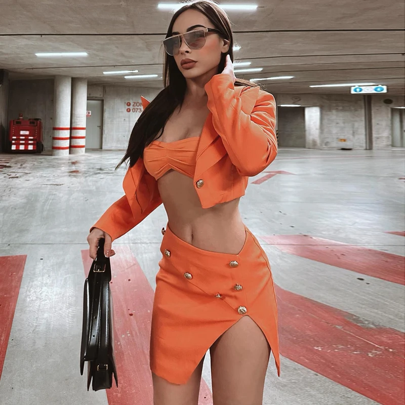 MSMUSI 2023 New Fashion Women Sexy Button Three Piece Set Bodycon Party Long Sleeve Strapless Top Slit Short Mini Skirt Set Suit