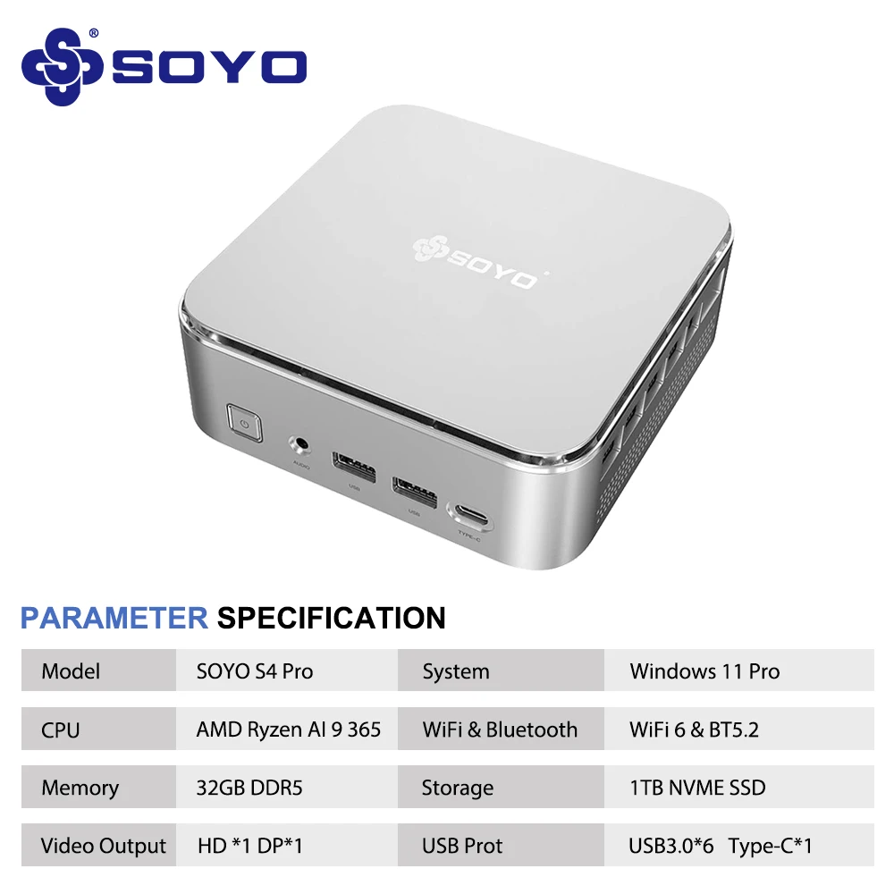 SOYO S4 Pro Mini PC AMD Ryzen AI 9 365 (up to 5.0GHz 10C/20T) 32G
