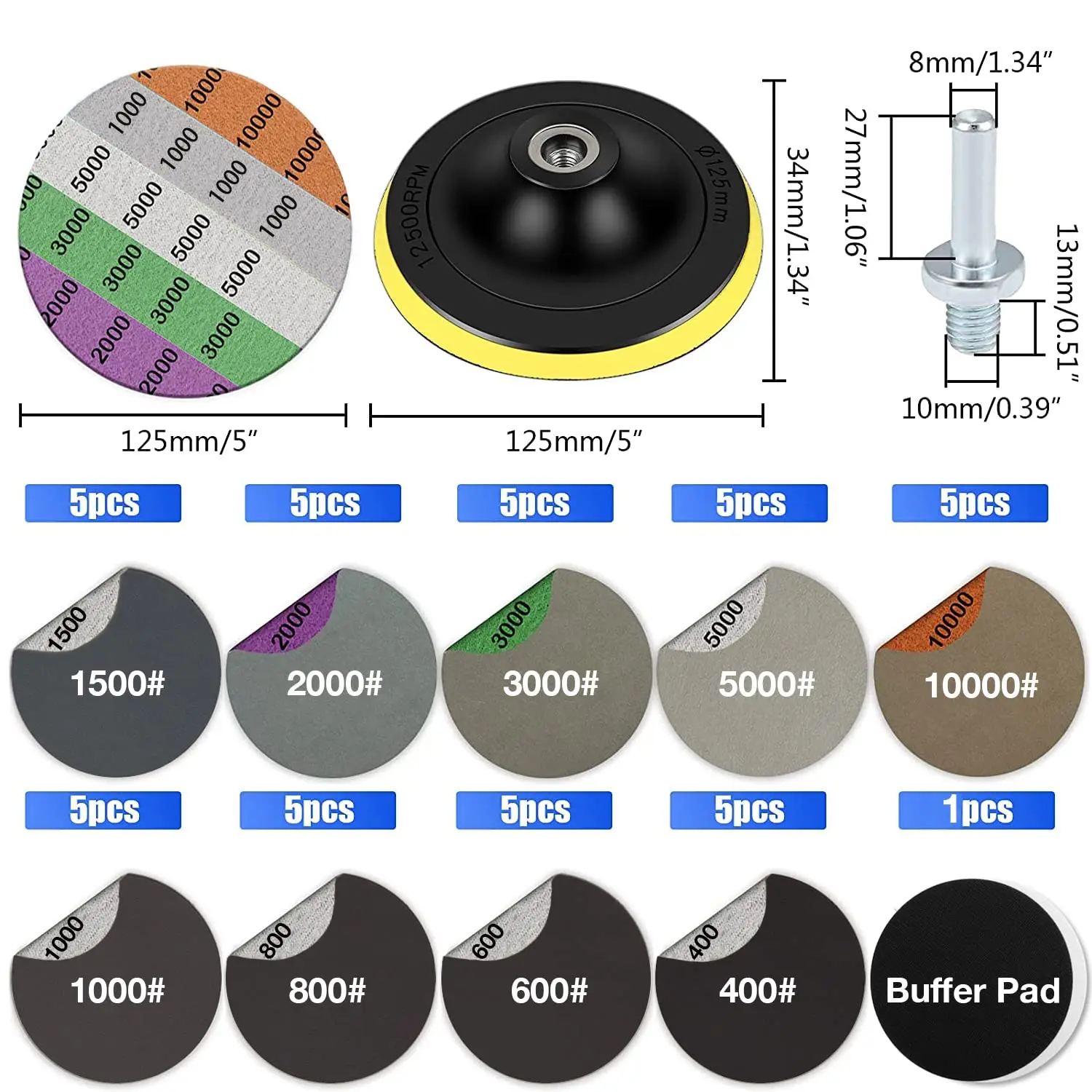 목재 금속용 사포 5 인치 400 10000 그릿, 인터페이스 패드 후크 루프 백킹 패드 M10,125mm 습식 건식 샌딩 디스크 키트, 45 개