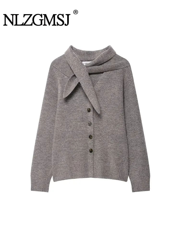 

NLZGMSJ Casual Chic Knit Women Cardigans Long Sleeve Button Scarf Collar Thick Warm Sweaters Fashion 2025 Autumn Winter To