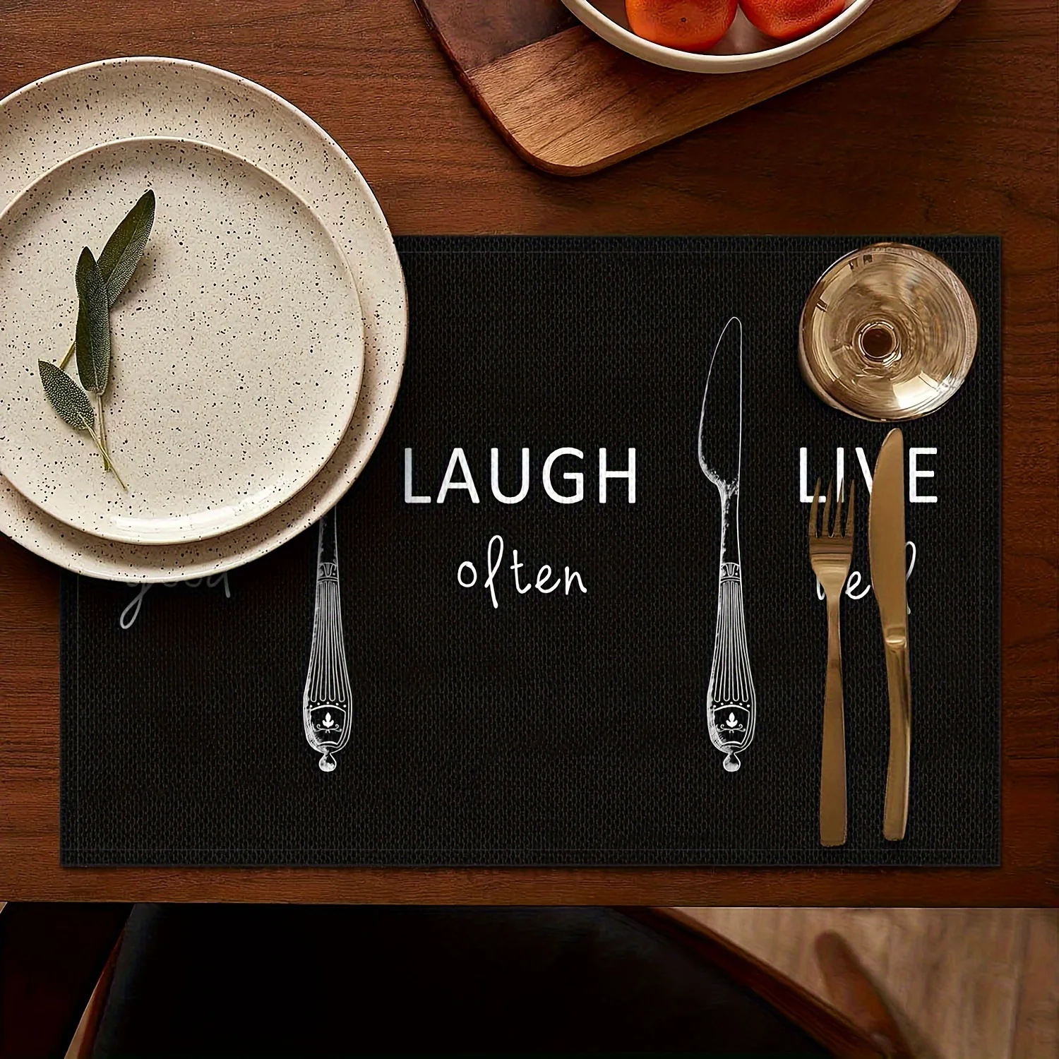 

Набор из 4 черных салфеток, 12X18 дюймов, забавный дизайн «Eat, Laugh, Live Well», полиэстер, моющиеся, коврики для стола для домашнего декора кухни