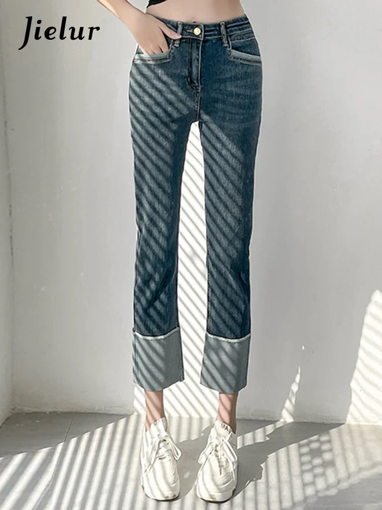 

Jielur Cuffs Straight High Stretch Simple Female Jeans New Spell Color Washed Casual Fashion Women's Jeans Streetwear Outfits