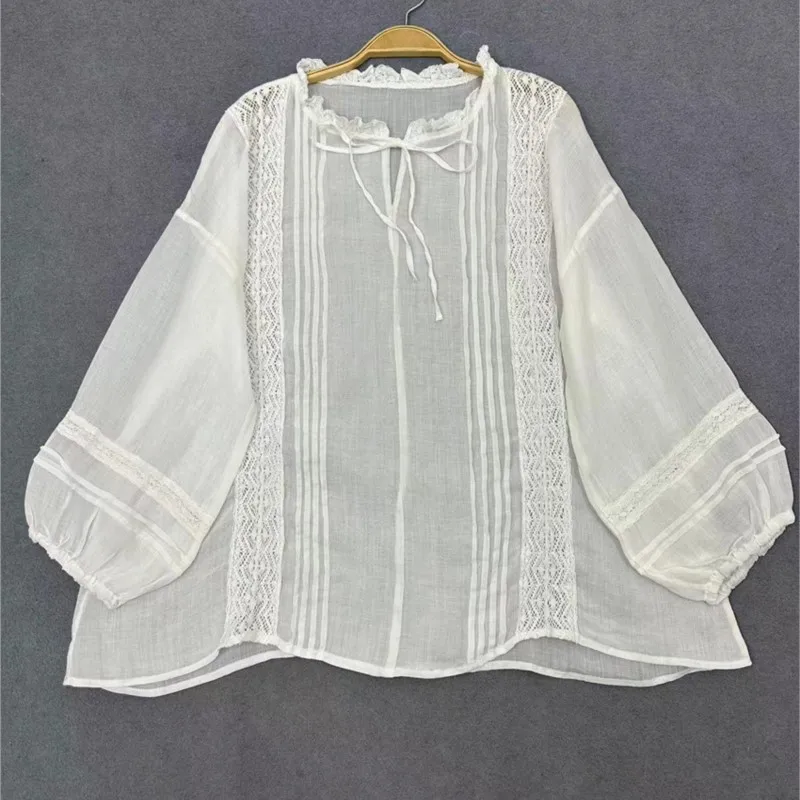 Johnature New Vintage Thin Spring Summer Tops 2024 Casual Ruffles Patchwork Lace Loose Nine-quarter Sleeve Ramie Women Shirts