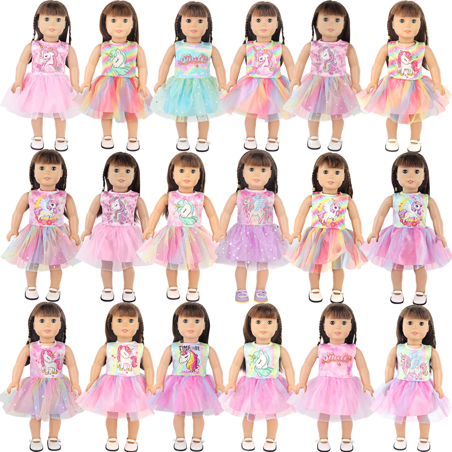 Lovely Double Layered Unicorn Dress Clothes For American 18 Inch Baby Girl Doll Smile Skirts For 43cm Baby New Born Doll DIY Toy