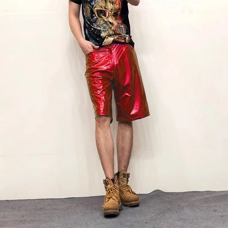 Men\'s Solid Color Shiny Faux Leather Elastic Shorts Male Chic Casual Patent Leather Short Pants New Summer Street Short Trousers