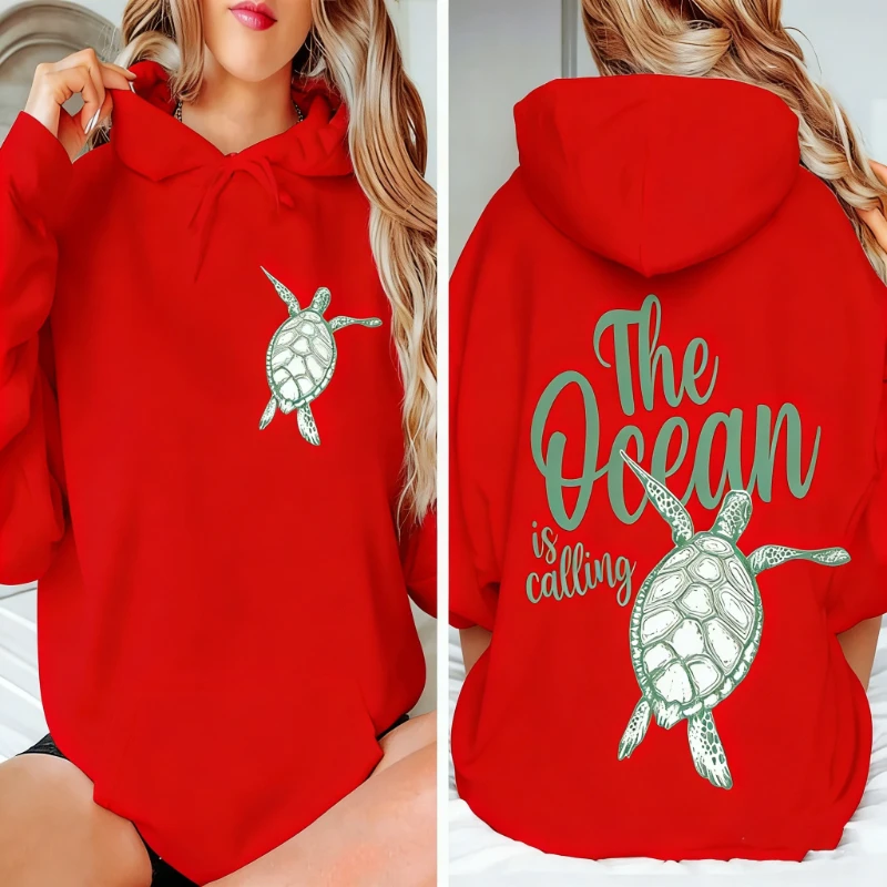 Sudadera The Ocean is Calling con estampado minimalista de tortugas para amantes de las tortugas, Sudadera térmica con capucha de tortugas marinas para mujer, regalos ecológicos