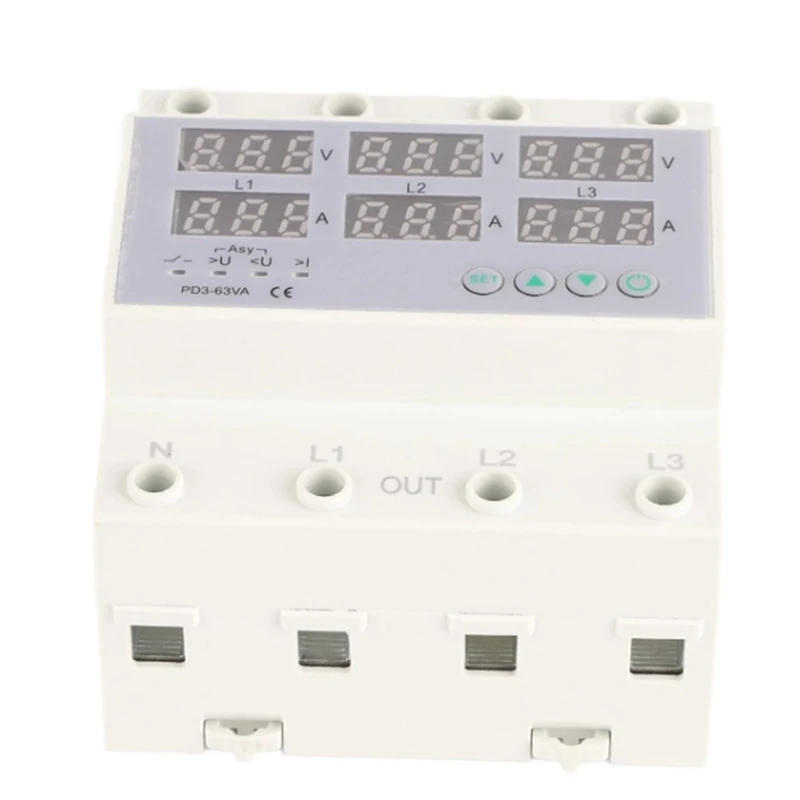 3 Phase DIN Rail Voltmeter Ammeter Automatic Overvoltage Overcurrent Protector AC 390‑500V