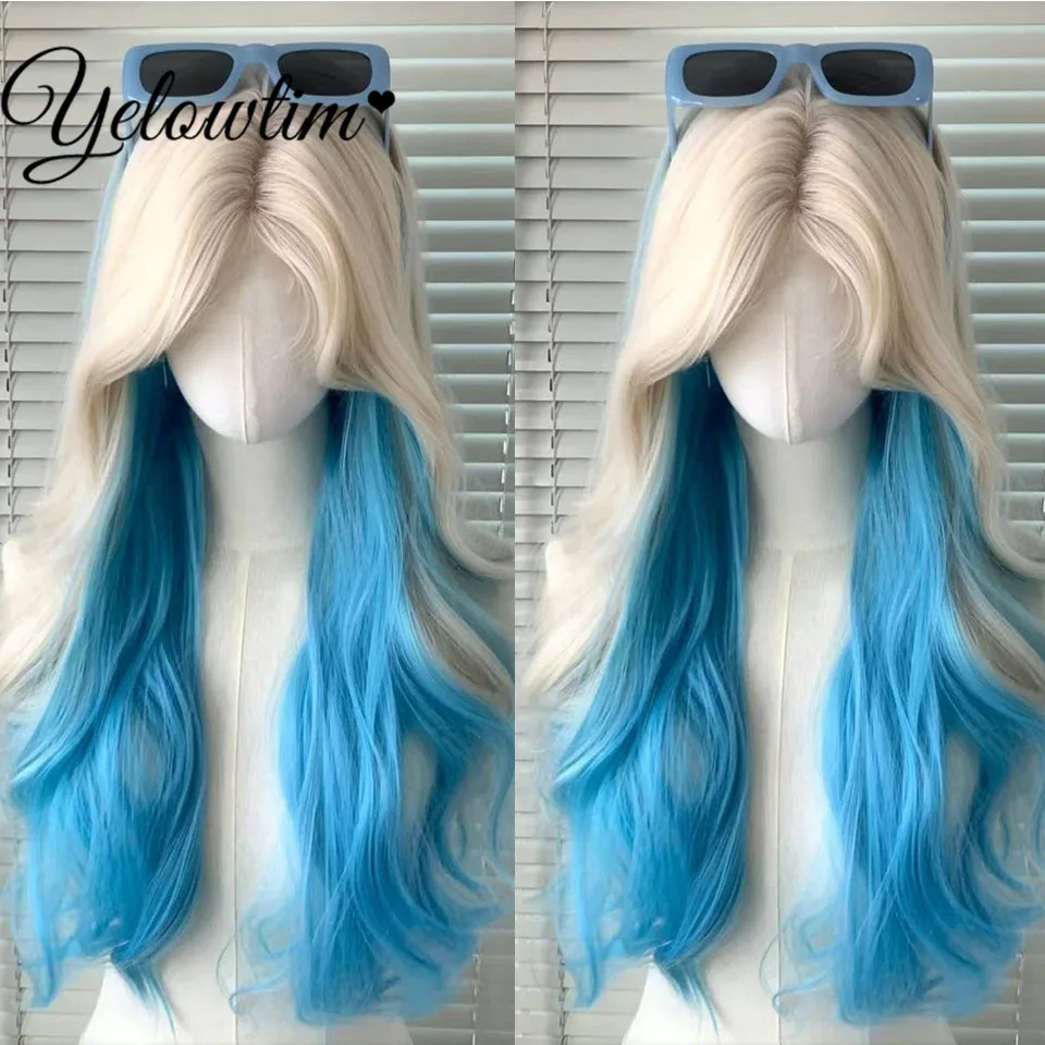 YELOWTIM Synthetic Long Wavy Lolita Wig with Bangs Wig Girl Cute White Gold Blue Ombre Cosplay Party Halloween Harajuku Wig