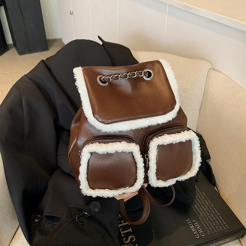 

Small Double Pockets Shoulder Bags For Women 2024 Winter Fur Splicing Leather Backpack Fashion Anti-Theft Casual Travel Backbag