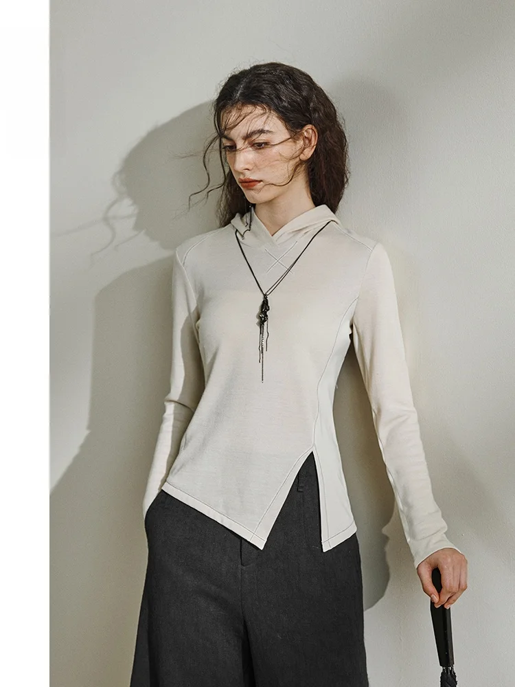 

Original Design Hooded Long Sve T-irt Women's Slim Fit Casual Patchwork Spring New Sle Cotton Wool Blend Fiber T-irt