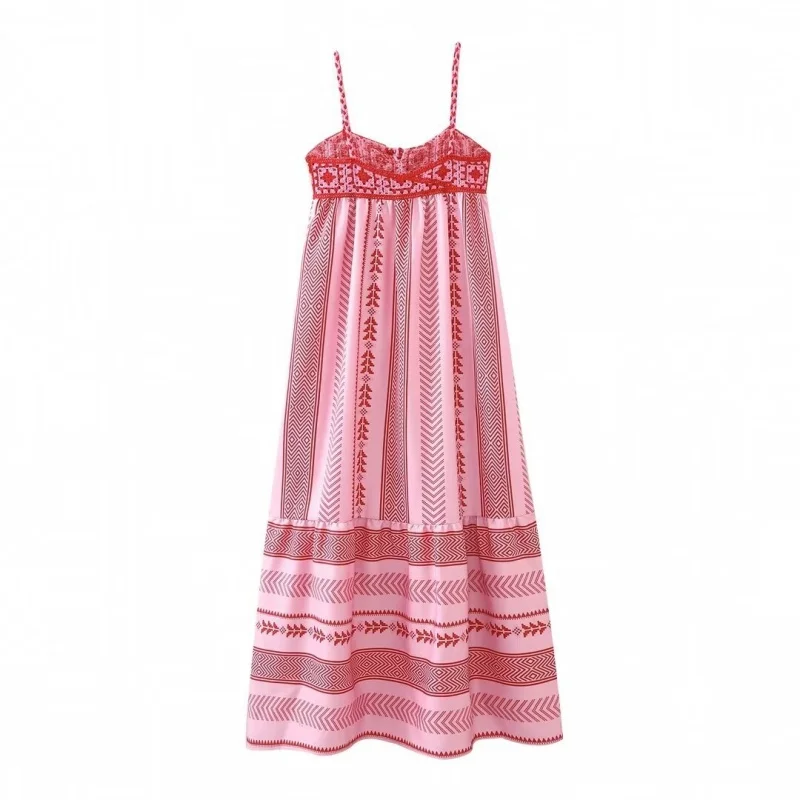 Women’s Summer Pink Spaghetti Strap Dress Ethnic Style Loose Fit Patchwork Design Versatile Party Beach Wear