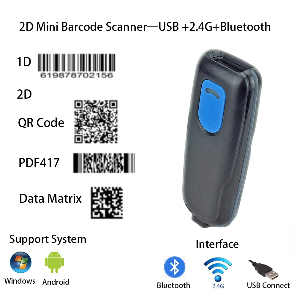 Pocket 1D 2D Mini 2.4G Bluetooth Barcode Scanner For inventory Management