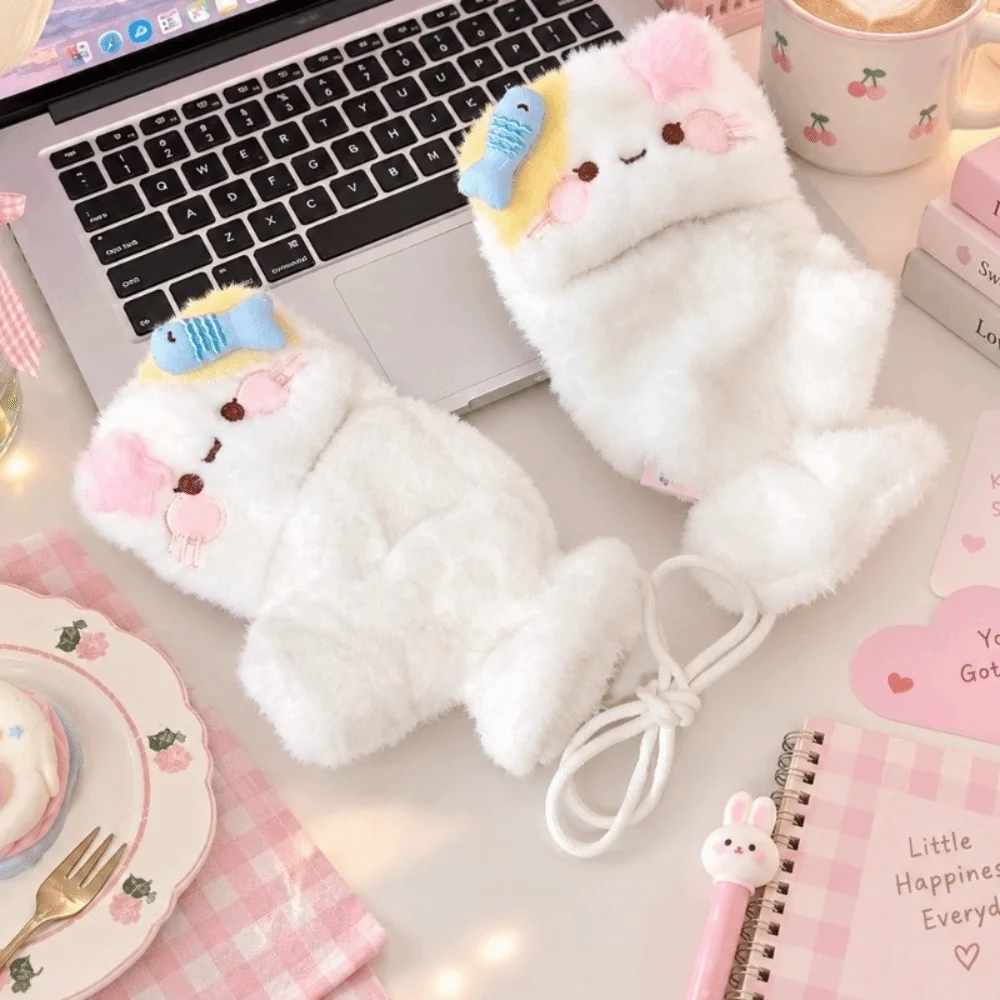 Half Finger Kitty Gloves Polyester One Size Winter Warm Touch Screen Gloves Touch Screen Compatible Flip Top Gloves For Cycling