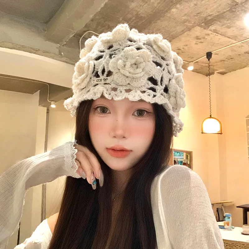Niche Hand-woven Flower Pullover Knitted Hat Women's Autumn Hollow Breathable Sequins Fashion Short-brimmed Skull Beanie Caps