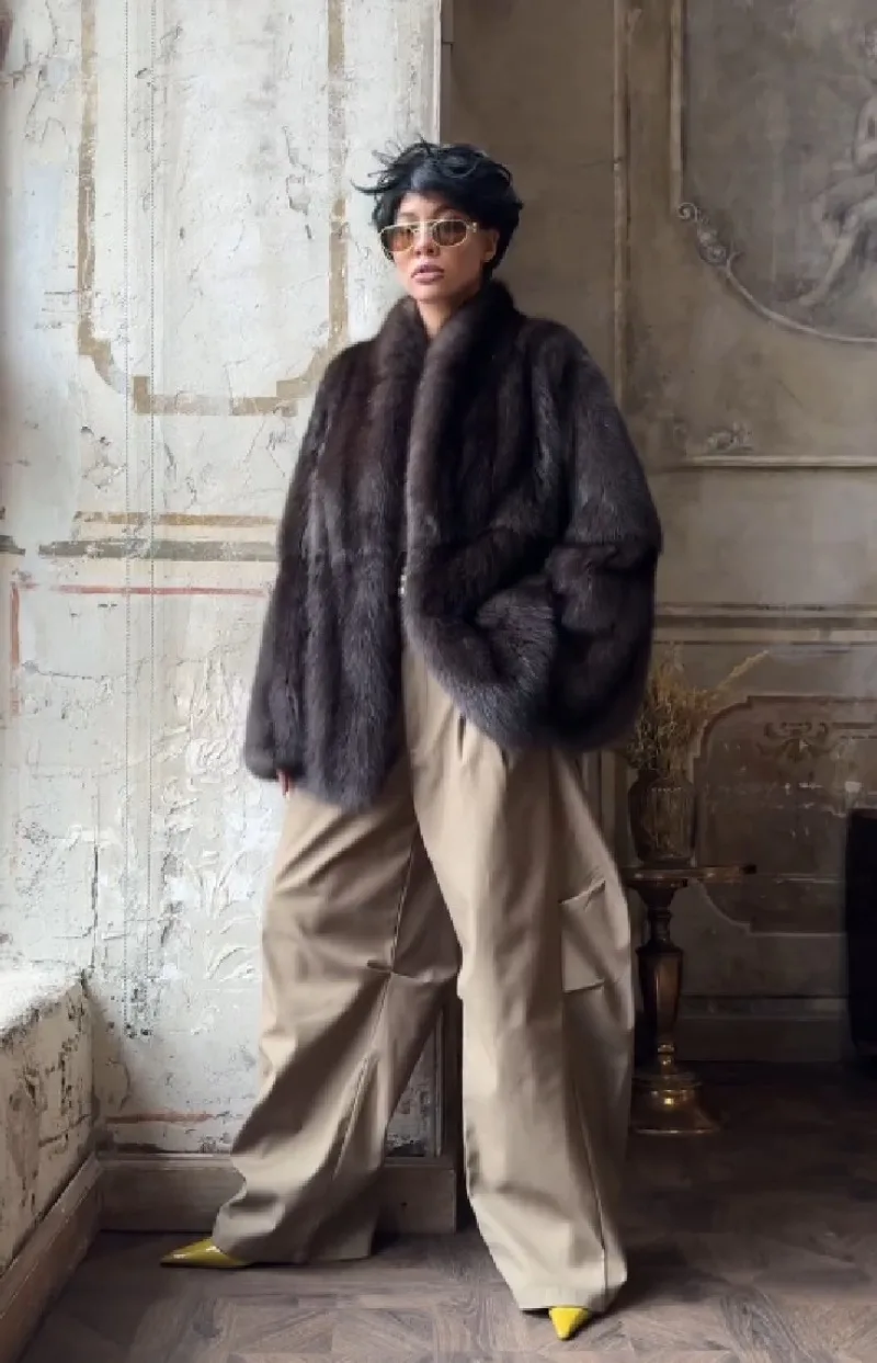 Fl marrom casaco de pele de comprimento médio feminino lapela botão escondido solto elegante outerwear 2025 moda escritório senhora comutar casaco novo