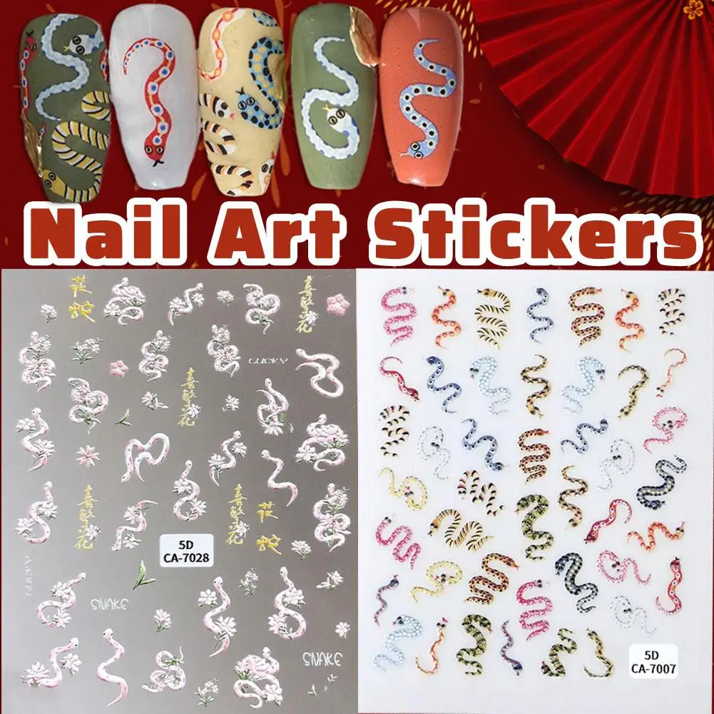 Realistic Pink Green Colored Snake Charming Flower Manicure Art Totem Festive Nail Serpent Sticker Decals Reptile Green Y3K9