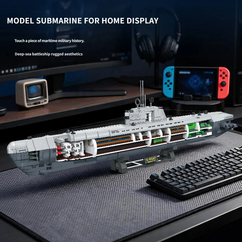 X78001 XXI Type U Boat Submarine Building Blocks Model Full Internal Structure DIY Assembly Display Toy Collectible Gift
