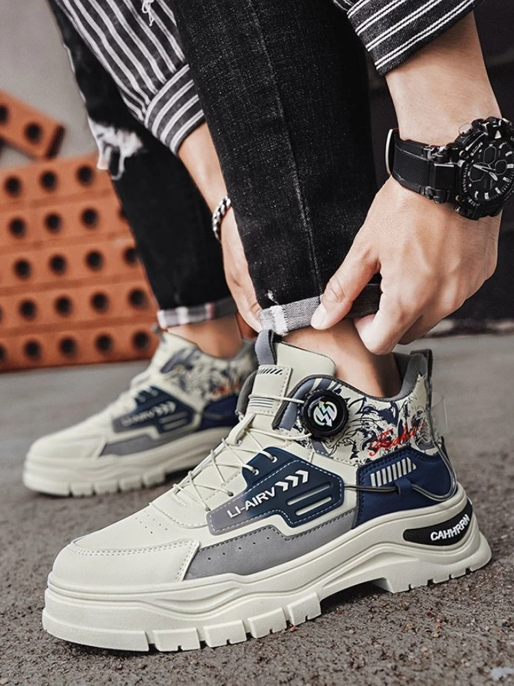 Spring Autumn Men's Cargo Boots Thick Sole High Top Casual Wear Resistant Rotating Buckle Outdoor Trendy Youth Student Shoes