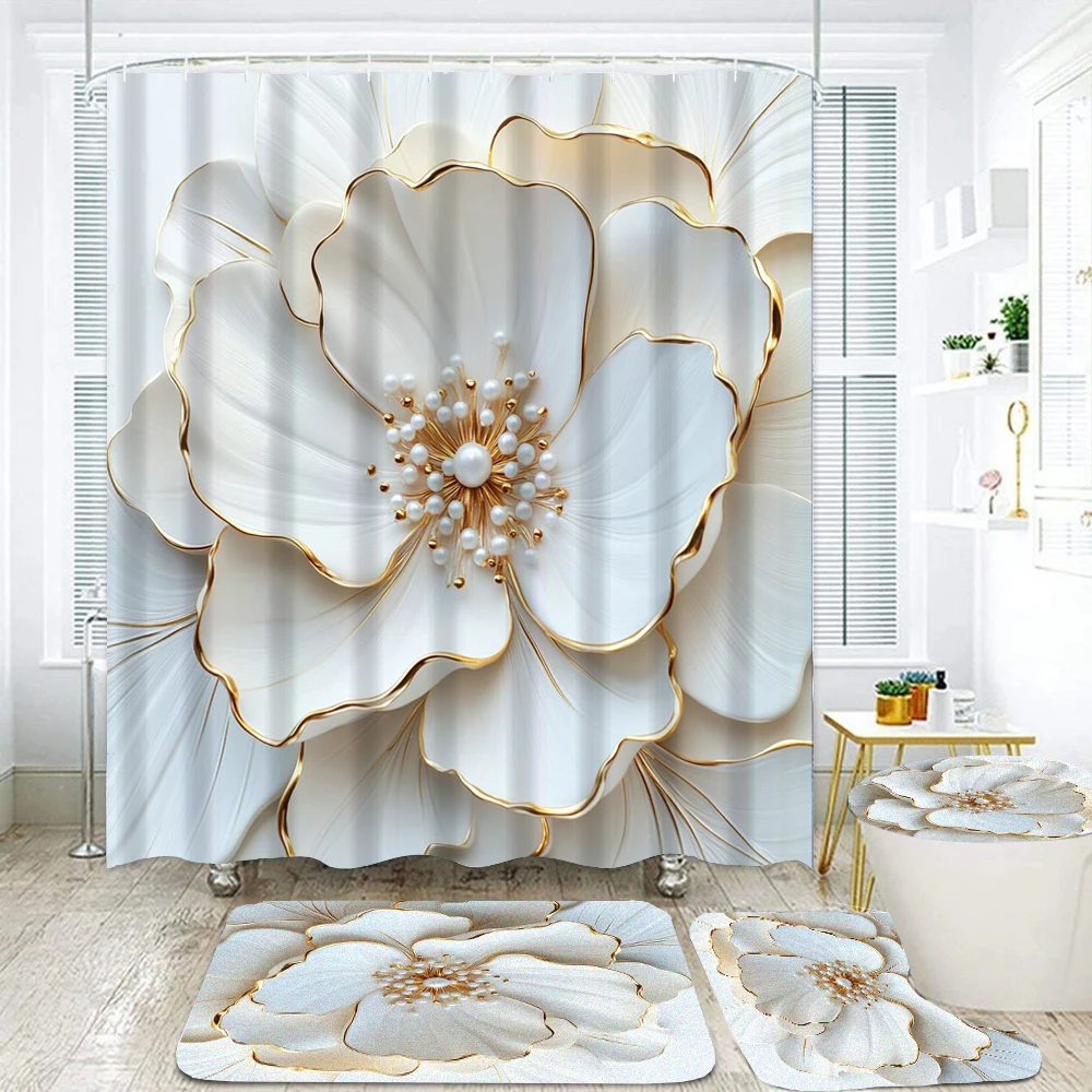 Elegant Bouquet of Fantastic White Flowers 3D Style Shower Curtain Bathroom Curtain with Bath Rug Carpet Set Floral Home Decor