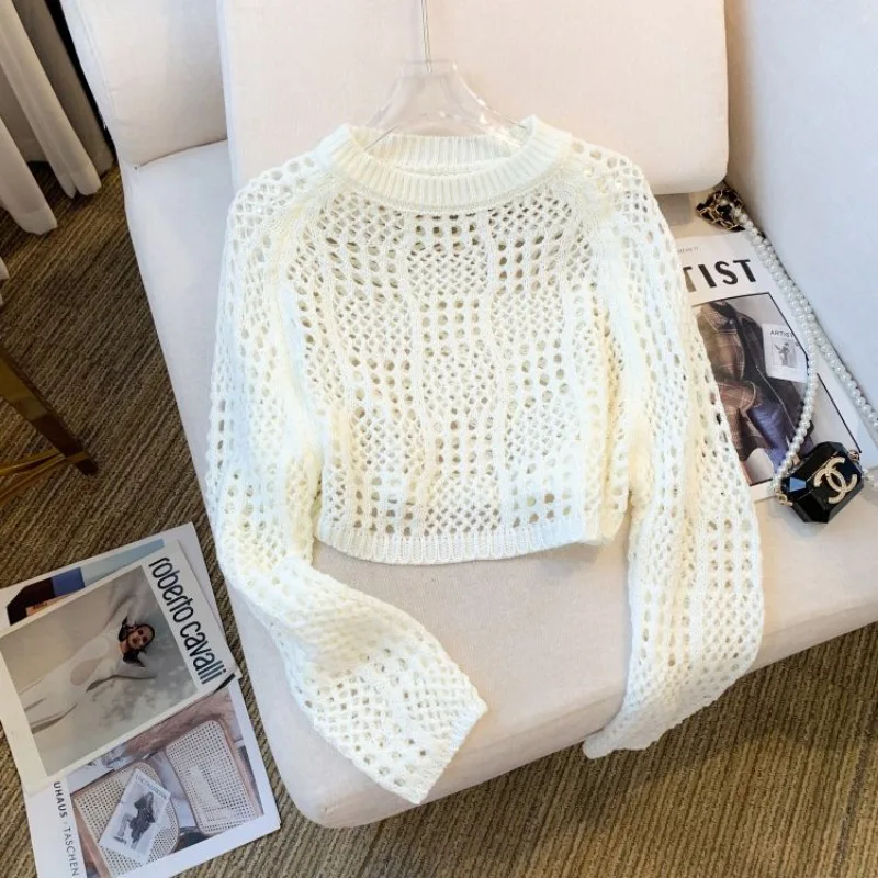 Thin Short Sweater Pullover Women\'s Jumper Korean Fashion Knitted Tops Summer Hollow Out Sexy Casual Streetwear Chic Style N854