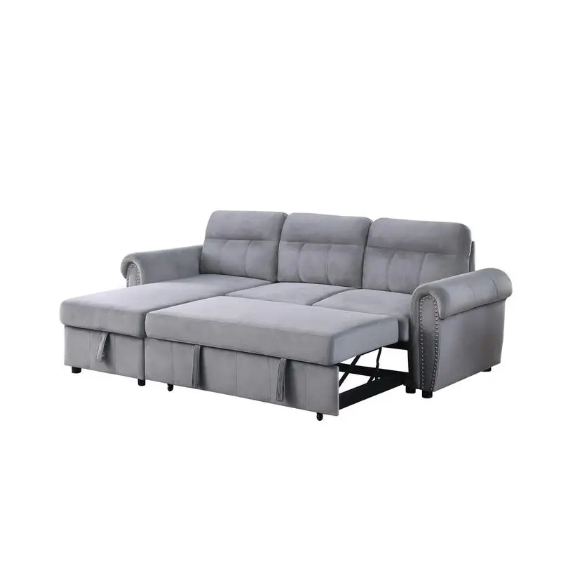 96.5" Gray Velvet Fabric Reversible Sleeper Sectional Sofa Chaise for Living Room, Modern Design, Comfortable and Versatile
