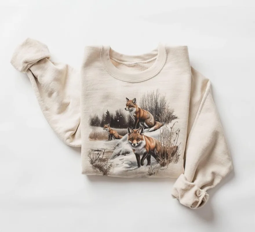 Retro Red Foxes Winterszene Sweatshirt 90er Jahre Snowy Forest Wilderness Outfit Boho Unisex Hoodie Vintage Lustiges Damen Sweatshirt