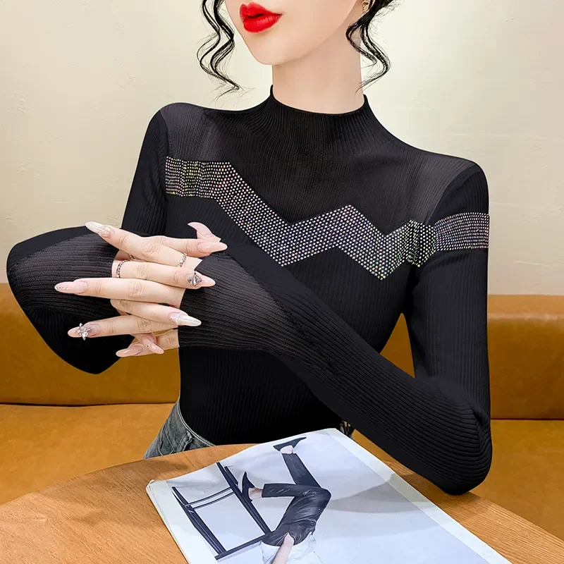 Nuova moda autunno inverno versatile dimagrante elegante top in maglia a maniche lunghe per donne alla moda