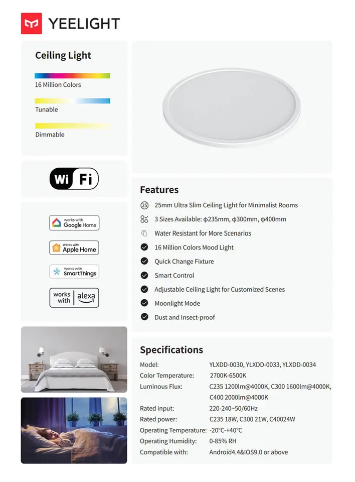 مصباح سقف ييليت الذكي LED RGB فائق النحافة إضاءة محيطة تحكم صوتي واي فاي 6500K متوافق مع هوم كيت منزل مي جوجل - 6