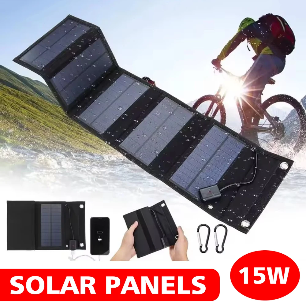 Panel Solar portátil de 15W, tablero de celda de carga rápida de 5V, batería de carga de emergencia para exteriores, Camping, senderismo, cargador de teléfono de viaje