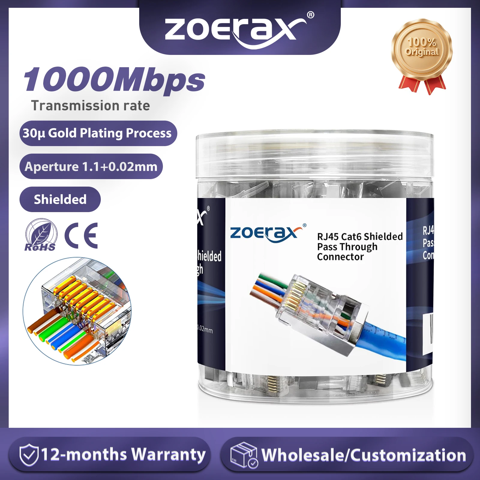 

ZoeRax 100-Pack RJ45 Cat6 Pass Through Connector Shielded RJ45 Modular Plugs 1.1mm Hole for Solid or Stranded UTP/STP Cable