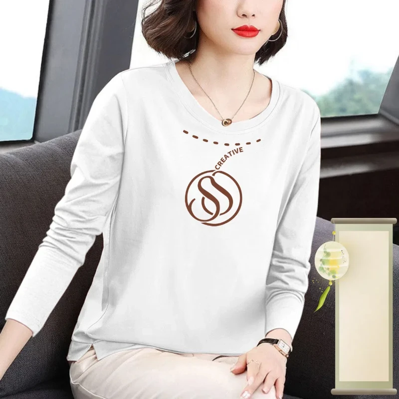 Women's Clothing Round Neck Pullover Long Sleeve Letter Geometric Printing T-shirt Casual Undershirts Comfortable sweet Tops