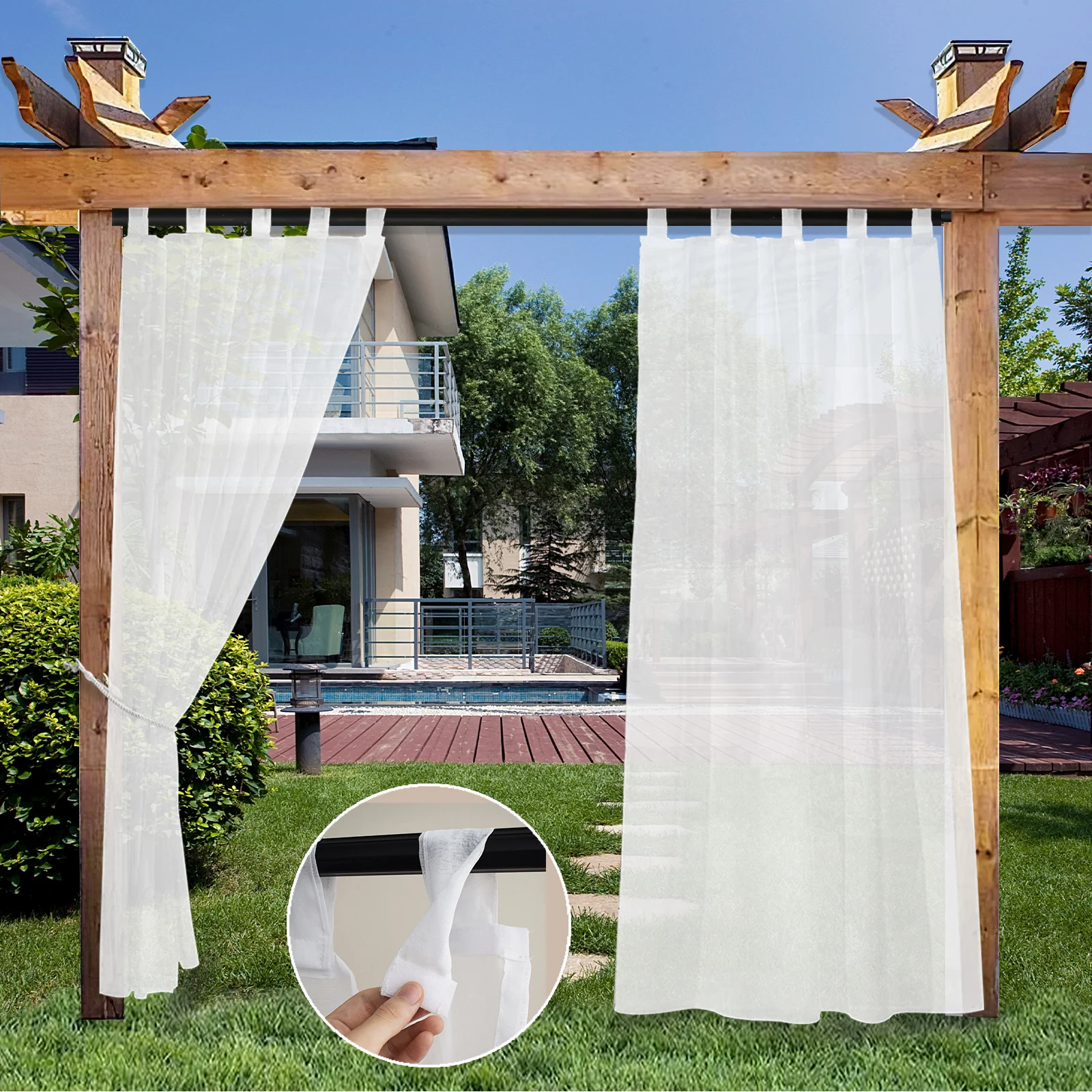 Garden Waterproof Sheer Curtains Indoor Outdoor Tab Top Voile Net Window Drapes For Patio Pergola Cabana Decoration Tulle Panels