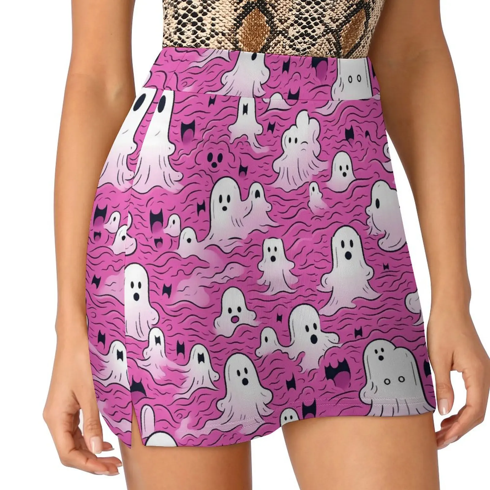 Pink Ghost Skirt Funny Halloween Print Aesthetic Casual Skirts Womens Modern Mini Skirt Printed Bottoms Gift