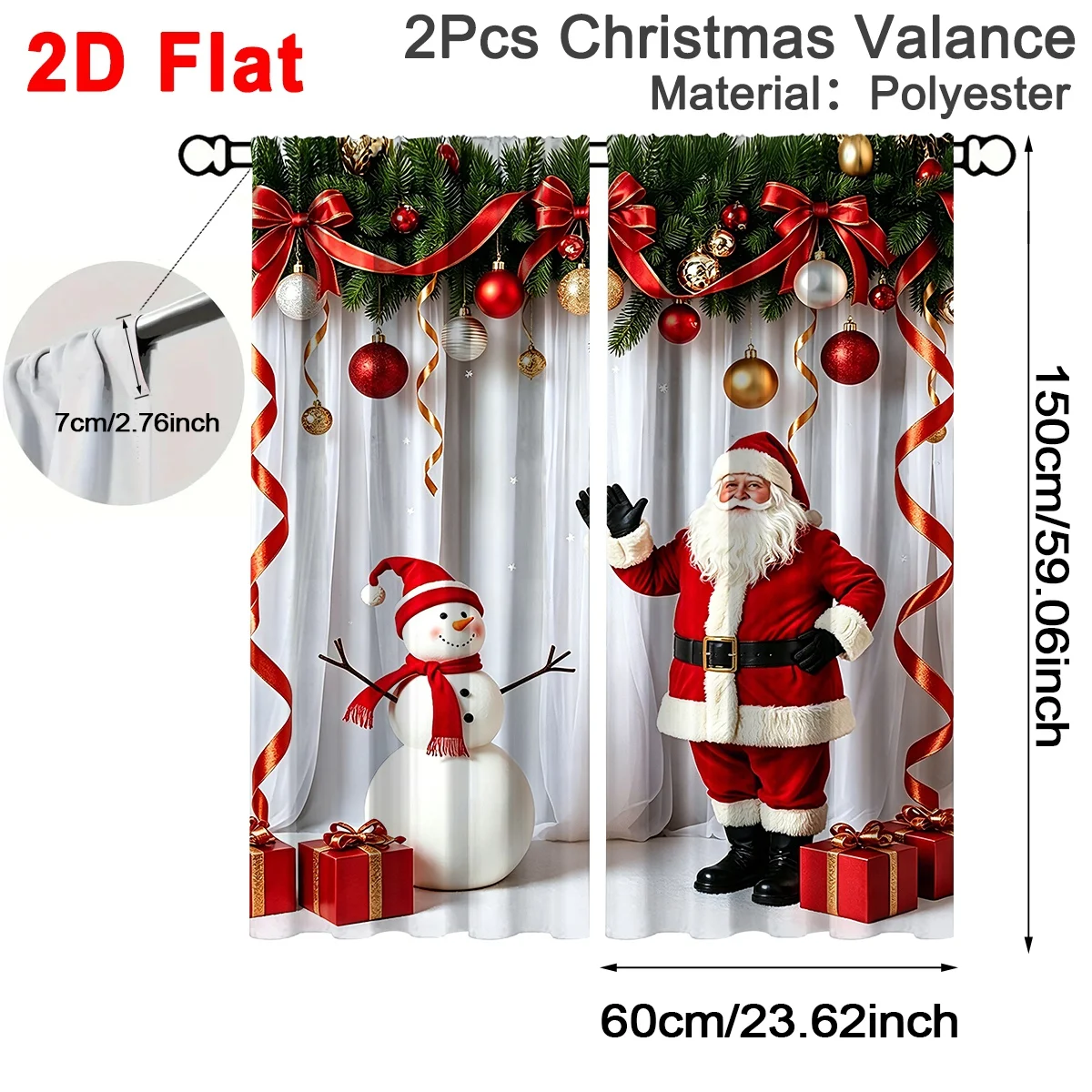 2 Stück festliche Weihnachtsvorhänge mit Weihnachtsmann- und Schneemann-Design, Polyester-Vorhänge, 60 x 150 cm, Fensterdekoration für Heimdekoration, Weihnachtsgeschenk – Detail 1