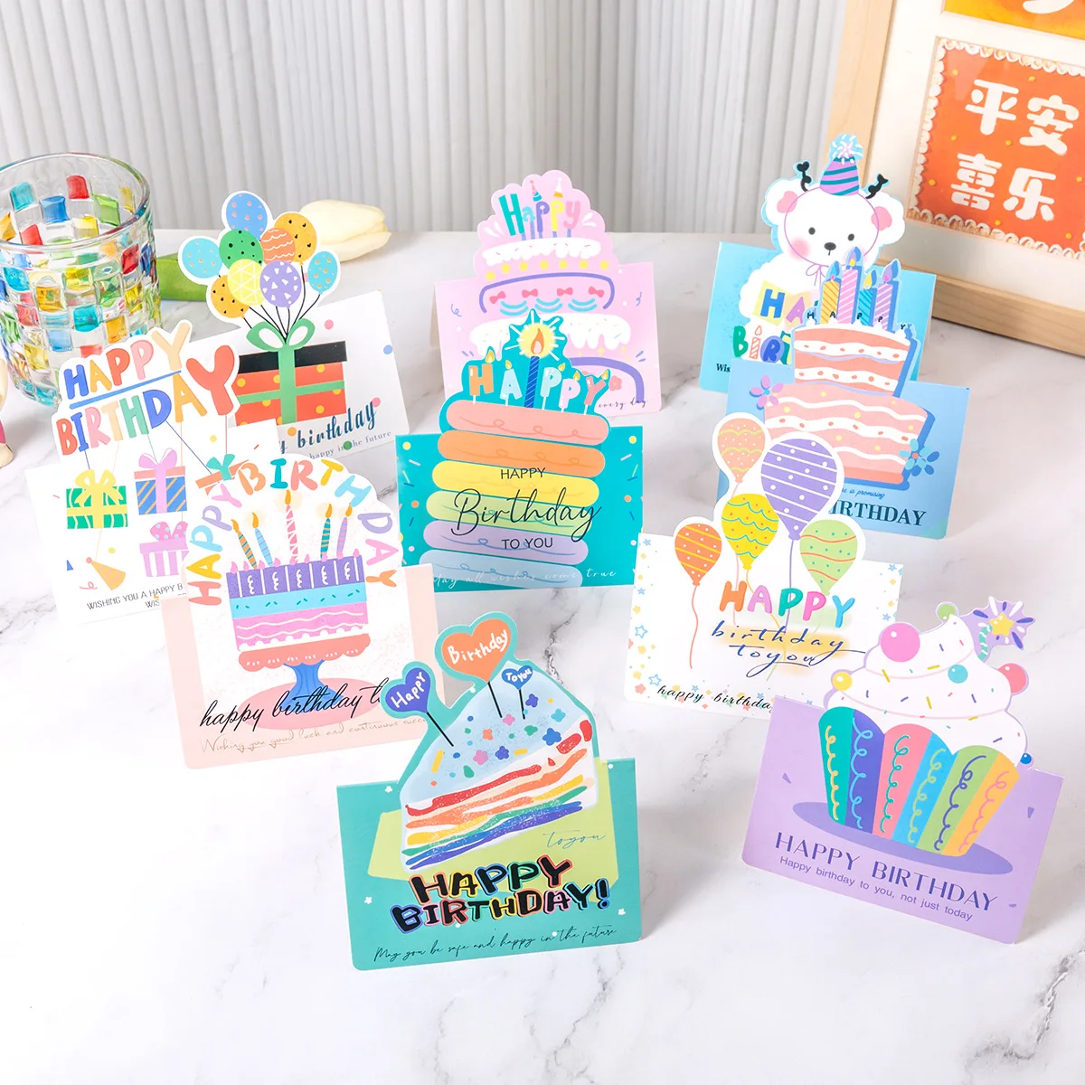 

10 Birthday cards, 3D Small Size Cartoon, Simple Folding, Handwritten Blessing Message, Birthday Card with Envelope