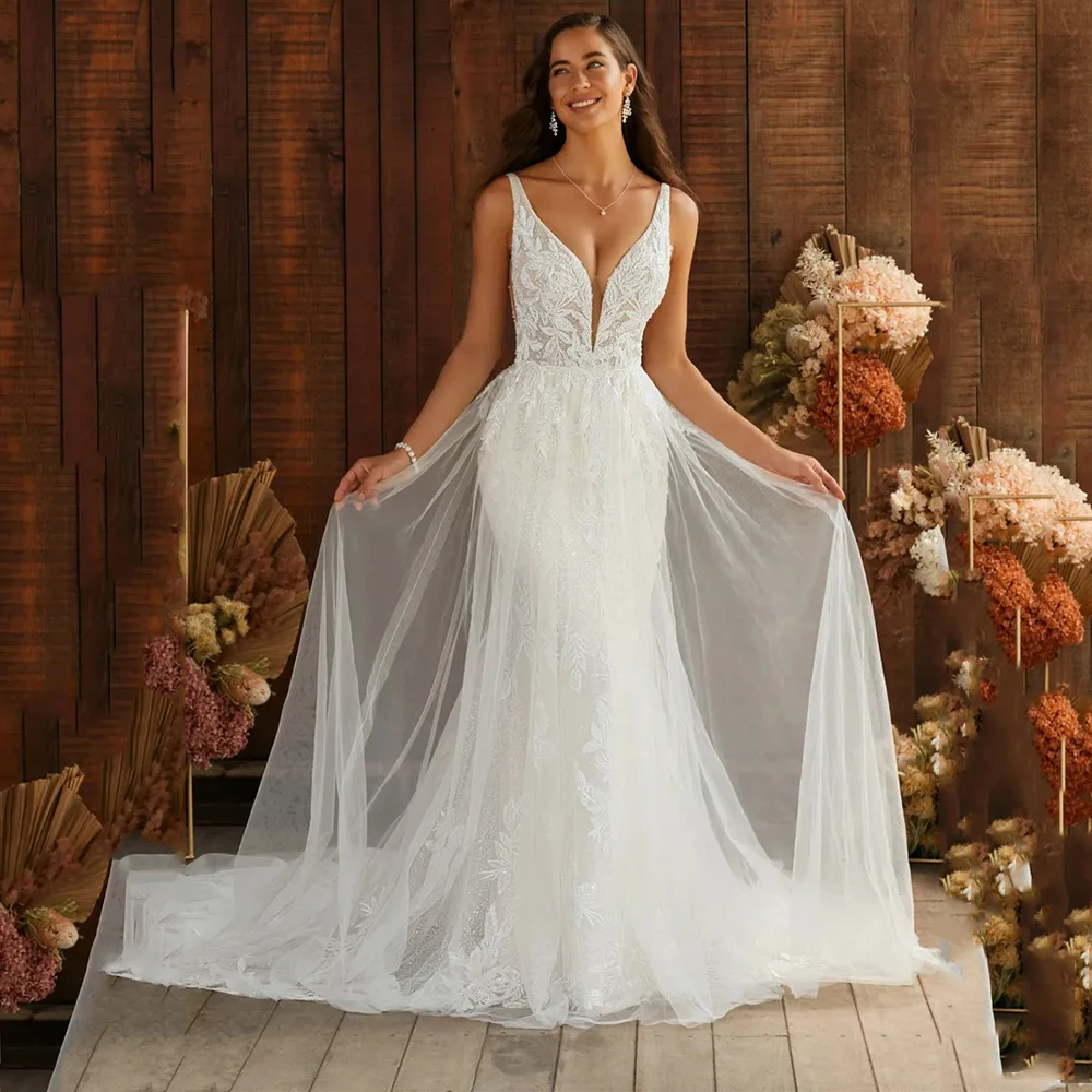 Vestido de novia personalizado con cuello en V, Espalda descubierta, elegante, sin mangas, Vintage, tul, ilusión, encaje, trompeta, fiesta, boda