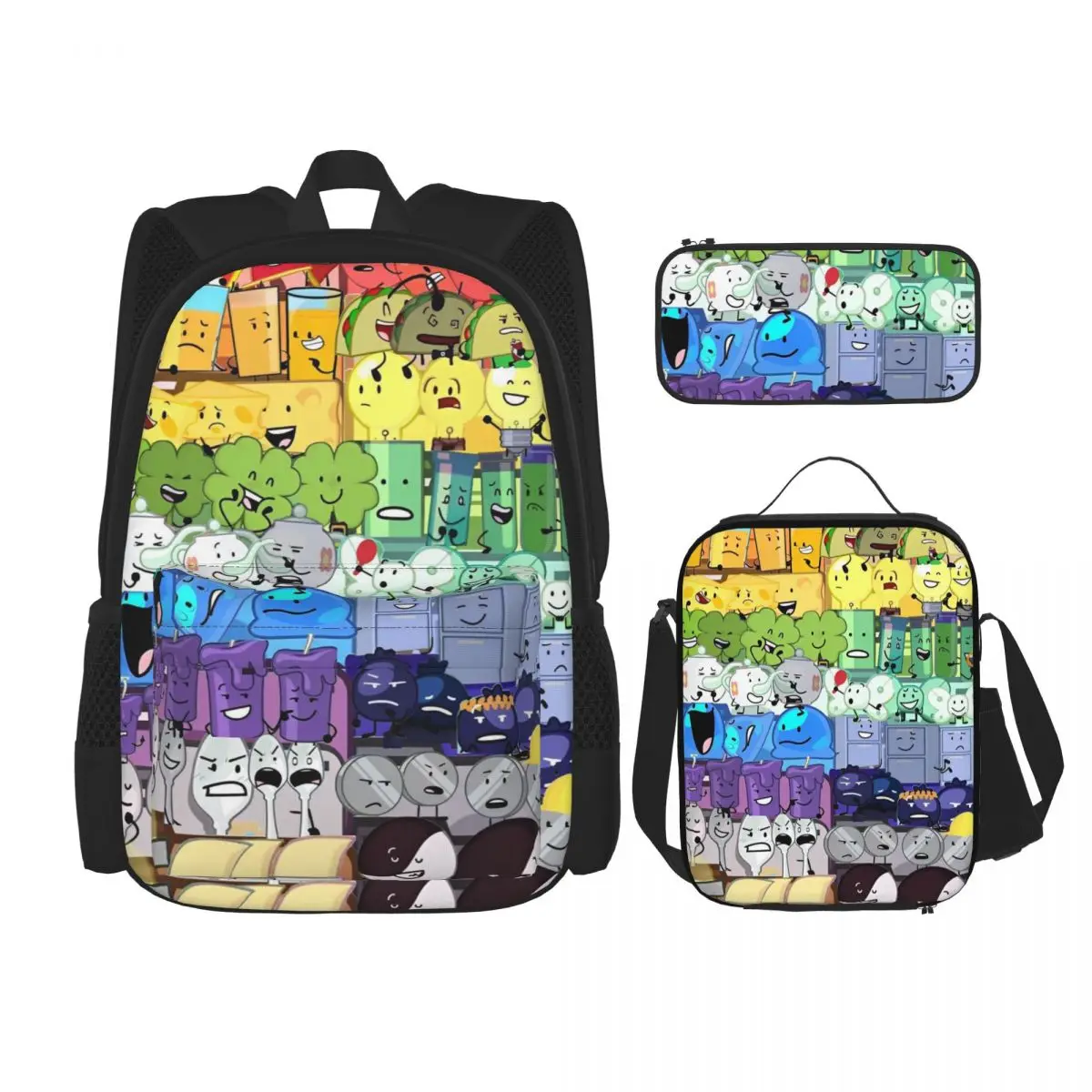

3 шт./компл. рюкзак с героями мультфильмов Bfding для подростков обратно в школу BFDI, холщовые сумки для ноутбука, сумка для обеда, пенал