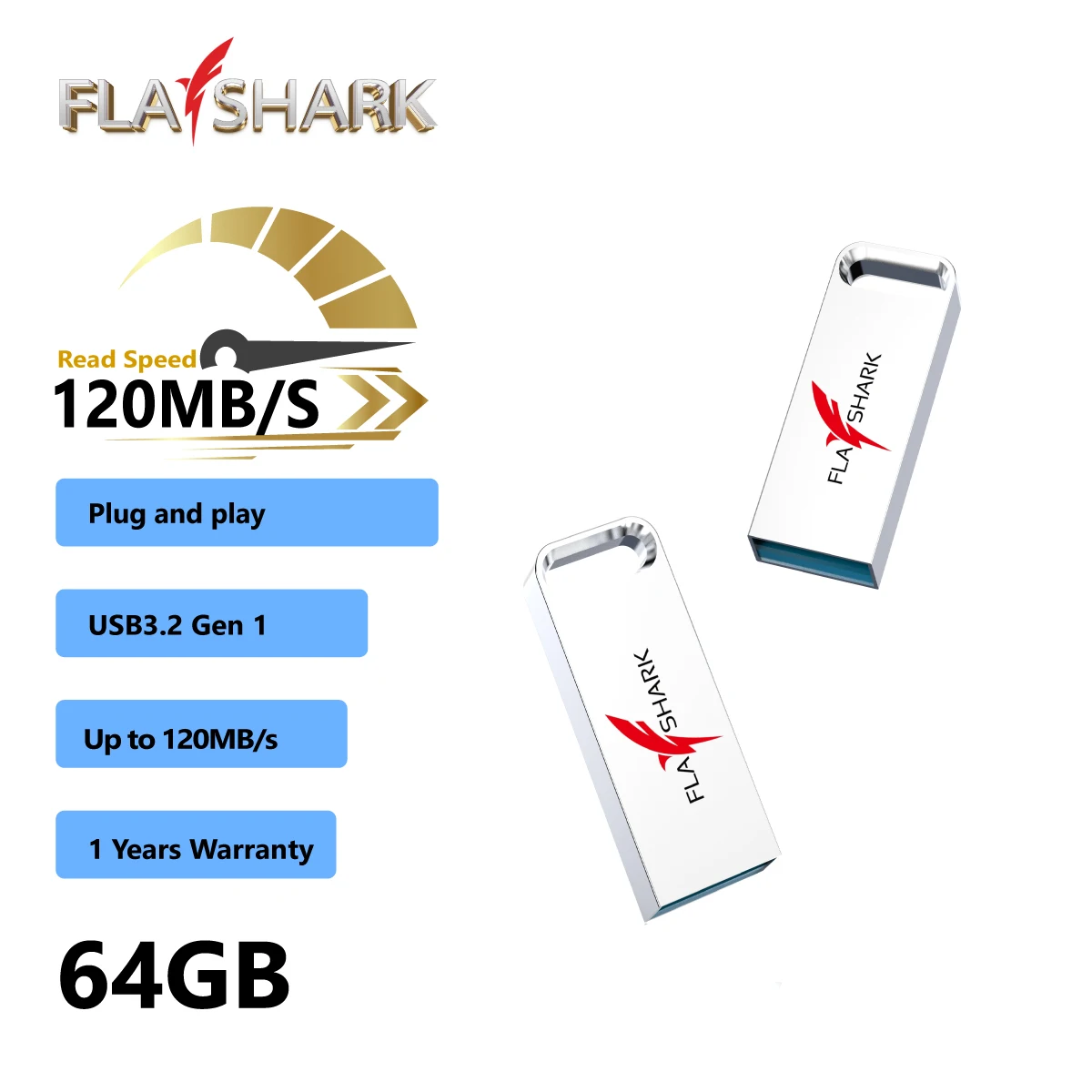 FLASHARK USB-C USB 3.2 Gen 1 64GB flash drive data storage, suitable for PC laptops and desktops (2 pieces)