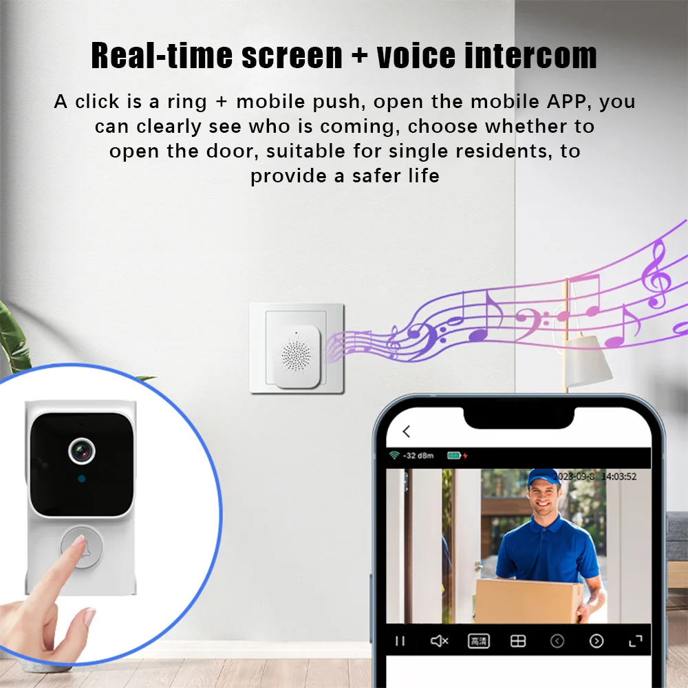 Video Doorbell Wireless Smart Doorbell Camera w/ Chime Tuya APP 2.4G WiFi 720P Remote Visual Call 2Way Audio Infrared Night View