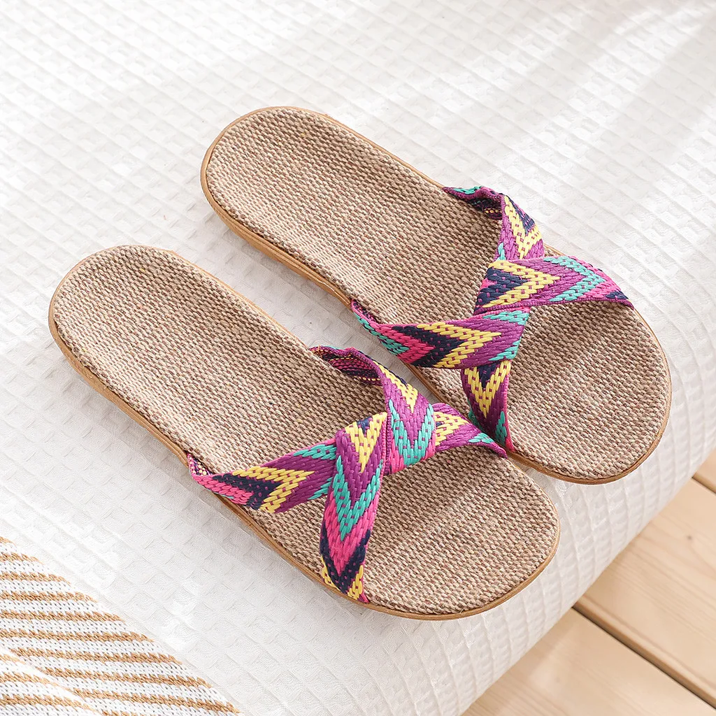 Women 2024 New Casual Sneakers For Home Slippers Summer Mixed colors Floor Woman Indoor Flats Shoes Cross Linen Slipper